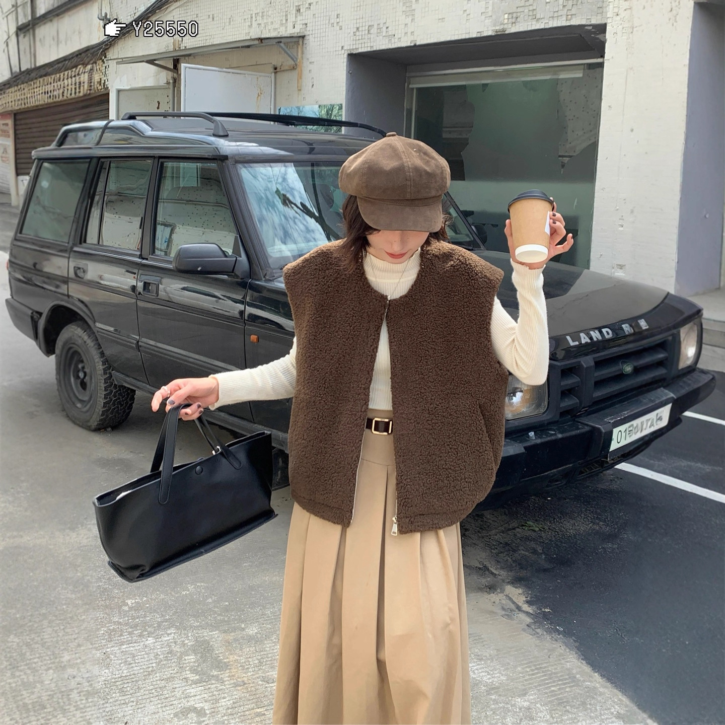 时尚简约皮毛一体无袖坎肩马甲外套2025秋冬新款圆领上衣