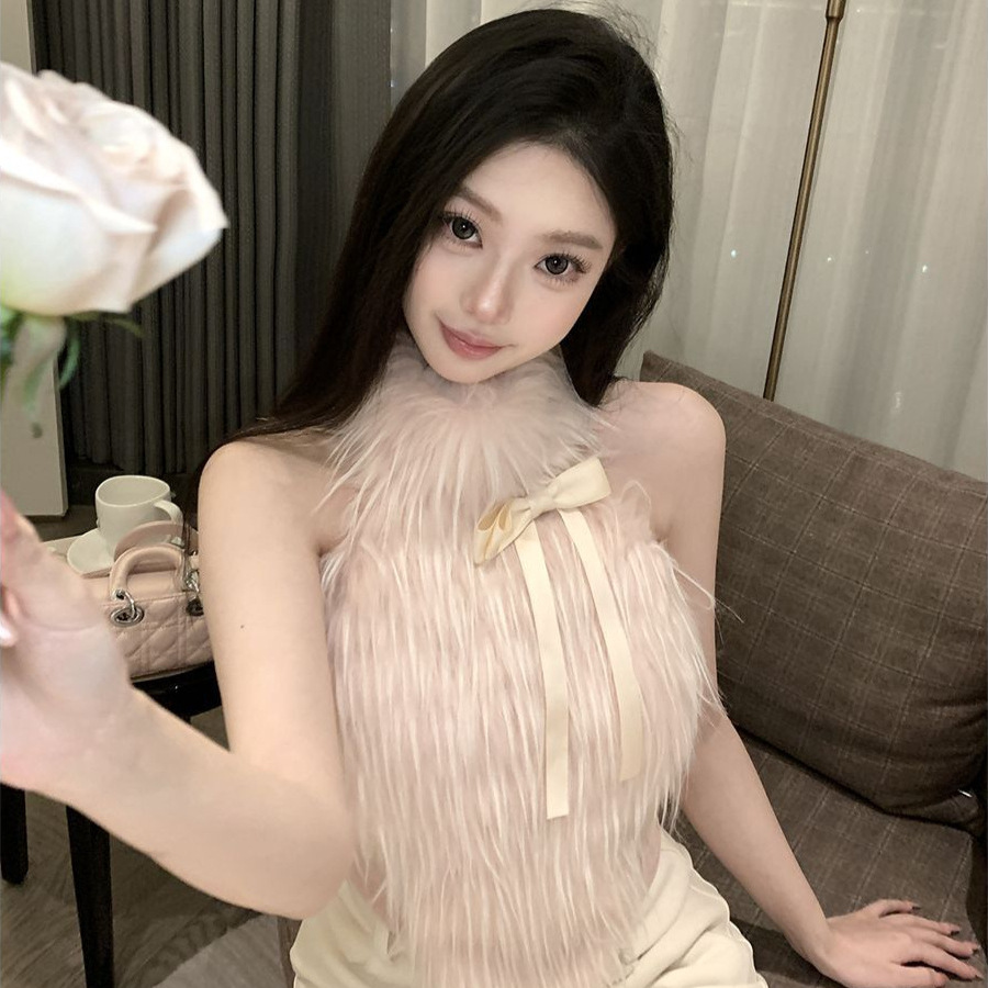 纯欲辣妹甜美粉色蝴蝶结毛毛挂脖背心收腰显瘦百搭无袖打底女上衣