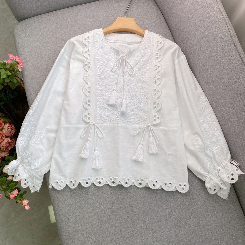 White Floral Embroidered Tassel Tie-Neck Hollow Lace Long-Sleeve Blouse for Women in Bohemian Style