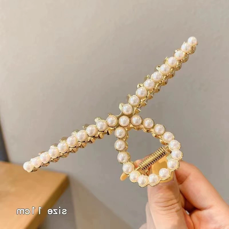 Metal crab hair clip, elegant rhinestone & pearl accents, large styles (multiple colors)