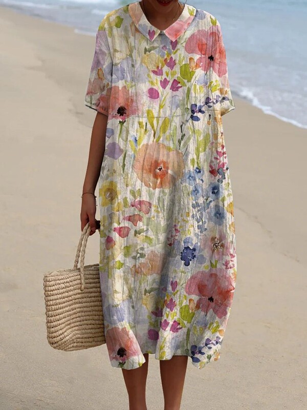 Cross-Border Independent Station Amazon Shirt D783 Shirt Collar Dress Women's Casual Floral 3D Printed Sleeve Long Dress