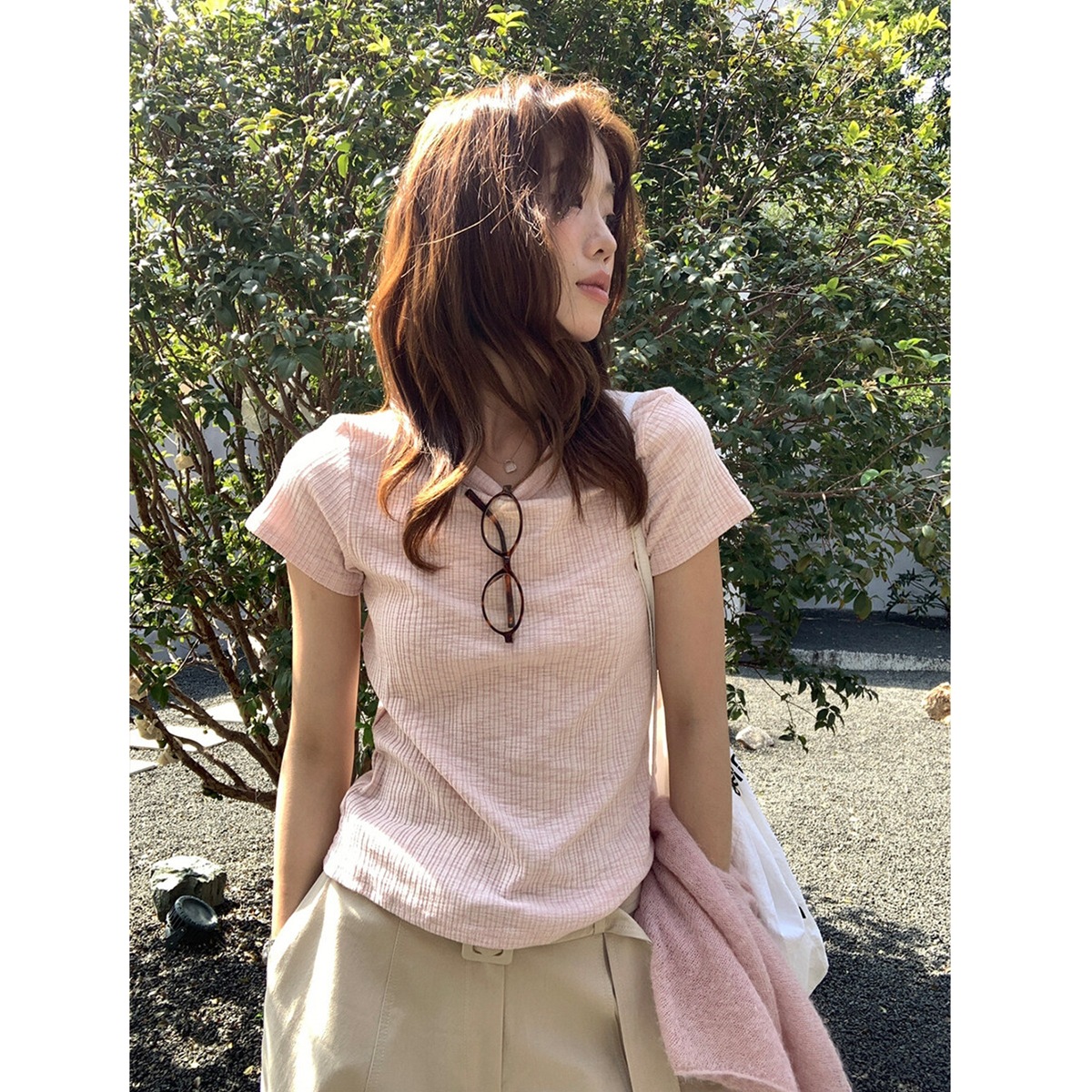 240g Bamboo Ribbed Fabric 61% Polyester 33% Cotton 6% Spandex】Korean Style Regular Shoulder Short-Sleeve T-Shirt for Women, Summer Slim-Fit Top