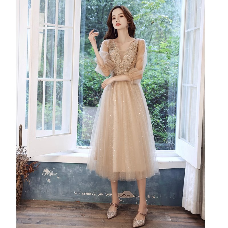 Champagne-Colored Evening Gown 2026 Summer New Style Mesh Bridesmaid Dress for Sisters Group, Performance Dress, Small Formal Dress Champagne-Colored Evening Gown 2026 Summer New Style Mesh Bridesmaid Dress for Sisters Group, Performance Dress, Small Formal Dress