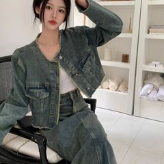 复古水洗牛仔外套春季2025新款长袖高腰半身裙两件套时尚套装纽扣