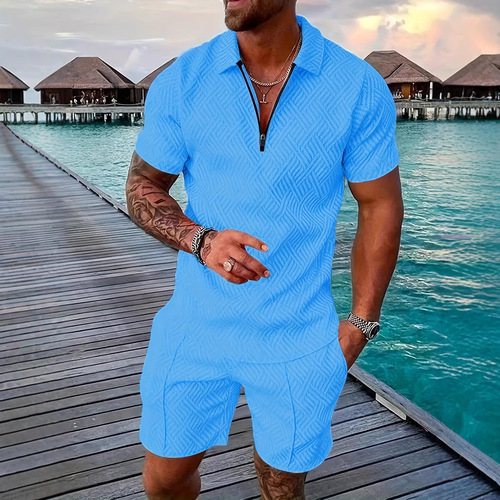 2024 Cross-border European and American Men's Clothing New Independent Store Supply Leisure Polo Zip-up Collar Short-Sleeve Solid Color Set