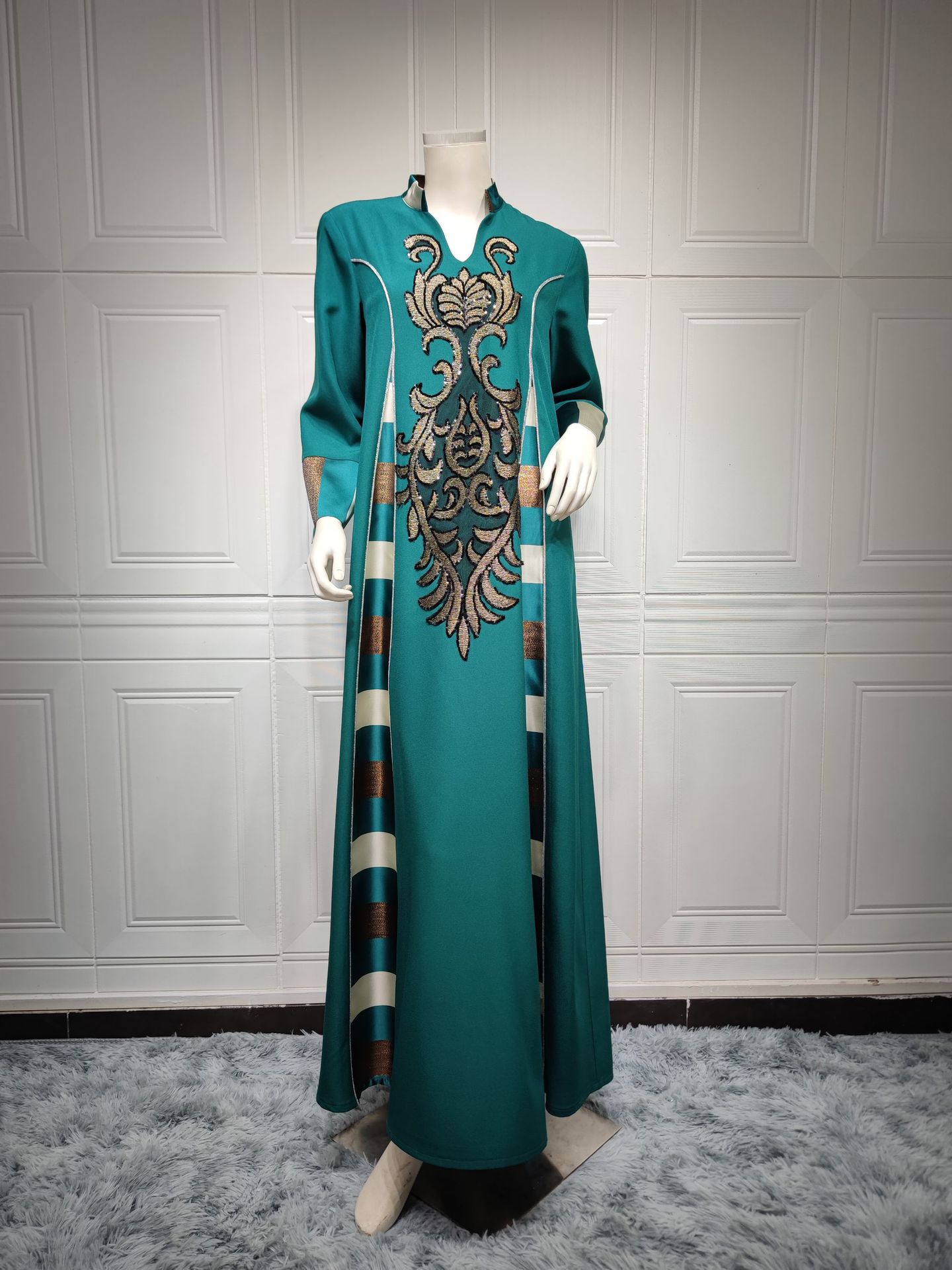 AB052跨境外贸中东女装绣花条纹abaya穆斯林阿拉伯迪拜muslim长袍详情26