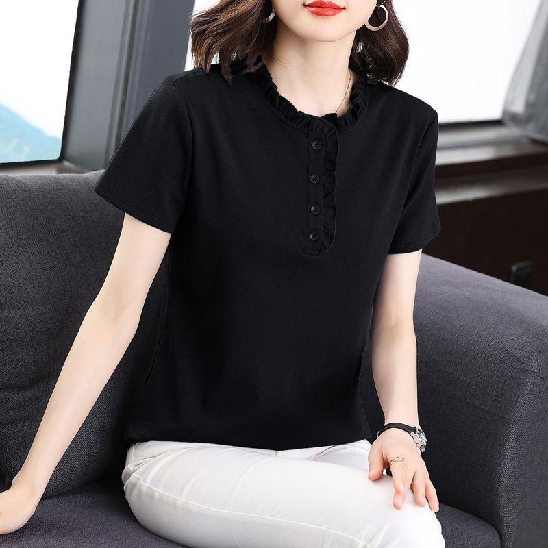 木耳边短袖t恤女装2026夏季新款洋气妈妈体恤大码宽松胖mm上衣服