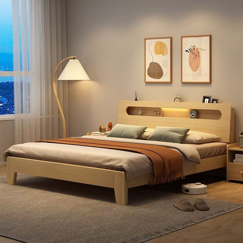 Solid Wood Bed Modern Minimalist 1.5m Household Single Bed 1.8 Double Bed Economical 1.2 Bed Frame for Rental Housing