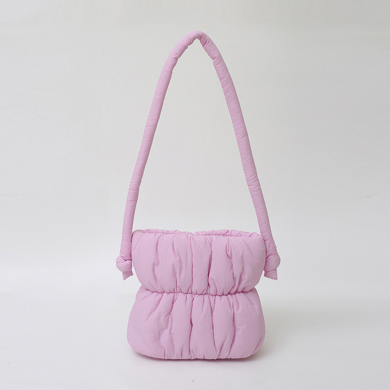 Nicho de diseño bolso de pluma, moda debajo de las axilas bolso de cubo de agua de poliestireno, bolso de algodón de nylon de mujer, bolso de hombro plegado de moda