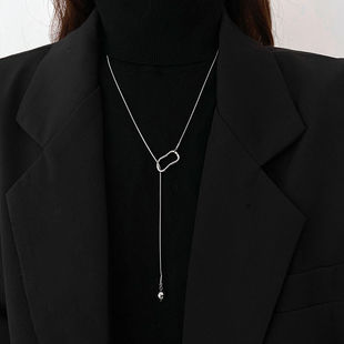 Cool style silver round bead sweater chain female ins trendy simple niche design geometric hollow sweater chain necklace