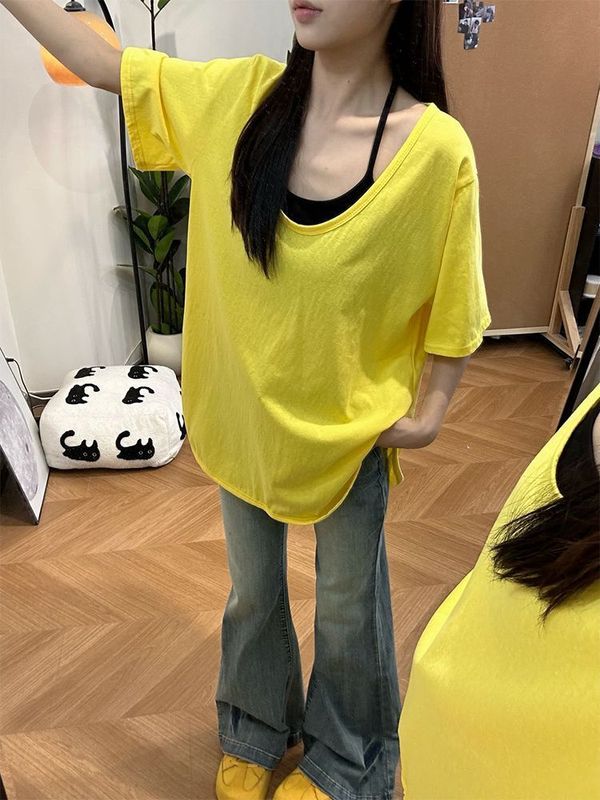 韓国東大門ルーズVネックフェイクツーピース半袖Tシャツ夏スタイルピュアコットンスリムレイジースタイル半袖トップ|undefined