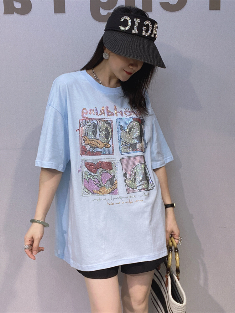 Camiseta de algodón de mujer europea y americana de mangas cortas de verano industria pesada caliente de diamantes para hombres y mujeres camiseta negra media camiseta gran estilo de viento lento