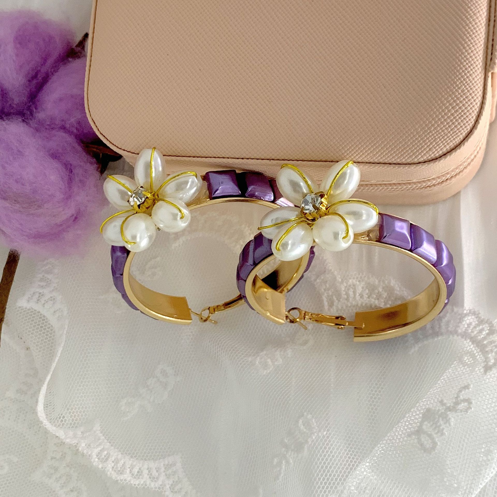 Fashion Flower Imitation Pearl Alloy Inlay Rhinestones Womenu0027S Hoop Earrings 1 Pair