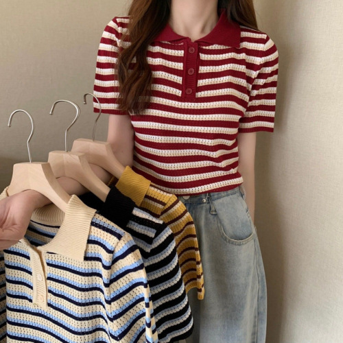 POLO Striped Knit T-Shirt for Women - Stylish Summer, Versatile, Slimming Short-Sleeve Top - High-End