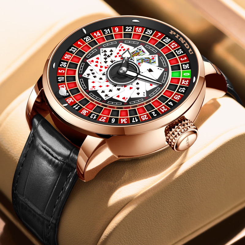 Đồng hồ nam automatic lộ máy mặt số trò chơi roulette — Thẻ đỏ da đen, Hồng nhãn đỏ da xanh, Hồng đỏ thẻ xanh da, Hồng da đỏ vành đai lưới