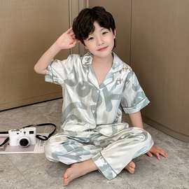 男童冰丝家居服三件套2026夏款中大童休闲短袖睡衣提花空调服套装