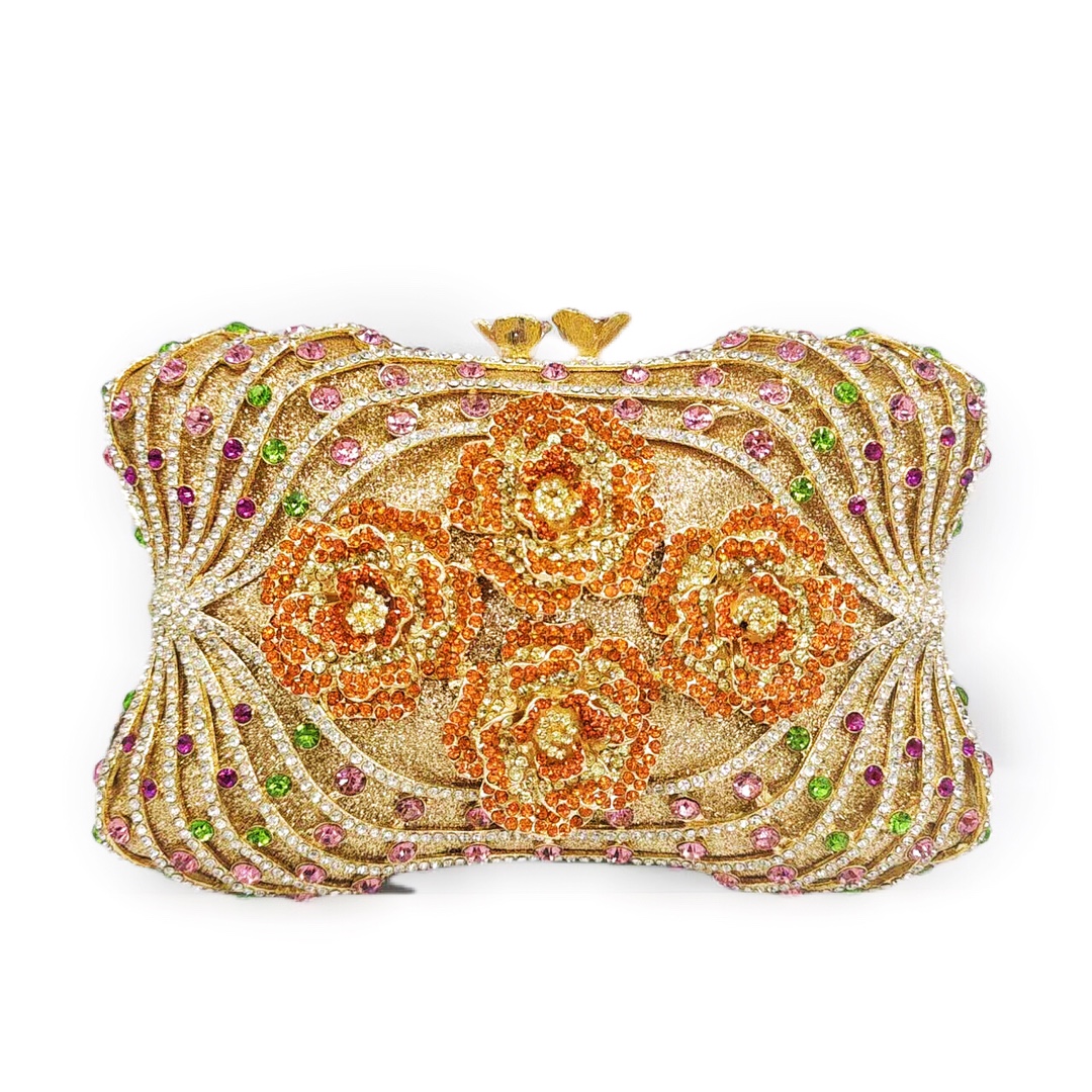 Túi clutch nữ cầm tay đính đá rhinestone dạ hội cao cấp phong cách Âu Mỹ — Màu tím trắng, Màu vàng quất, Vàng Pha Lê, Nền vàng kim cương trắng