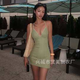 新款韩版针织简约纯色连体裙式露背绑带沙滩度假泳衣女高级bikini