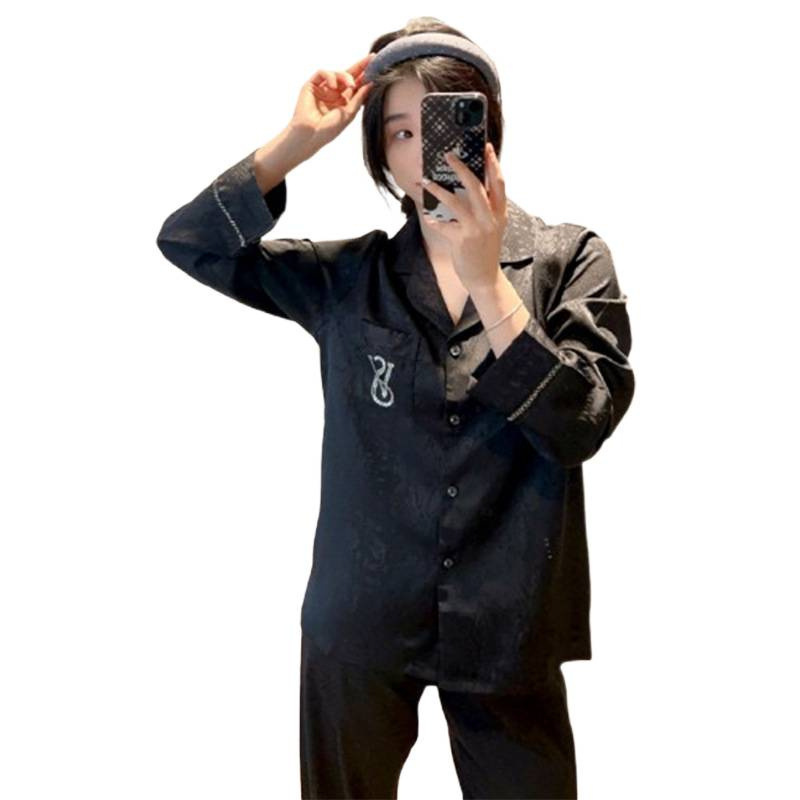 睡衣女冰丝秋冬新款长袖长裤提花纯色高级可外穿新款家居服套装|undefined