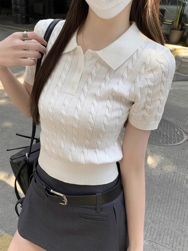 学院风减龄麻花针织衫女夏季新款韩系polo领短袖修身显瘦短款上衣|undefined