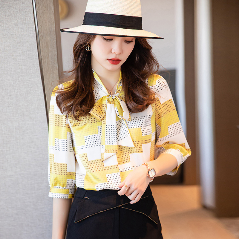Summer elite professional elegant shiffon yellow shirt with bow