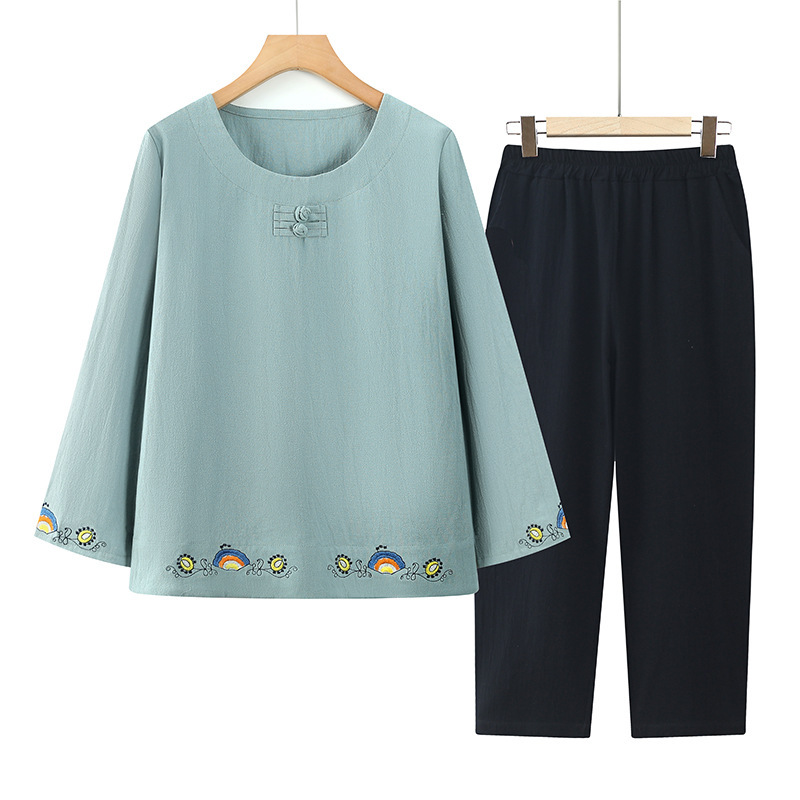 中老年人秋装纯棉套装女奶奶秋季t恤妈妈全棉上衣服老太太两件套|undefined
