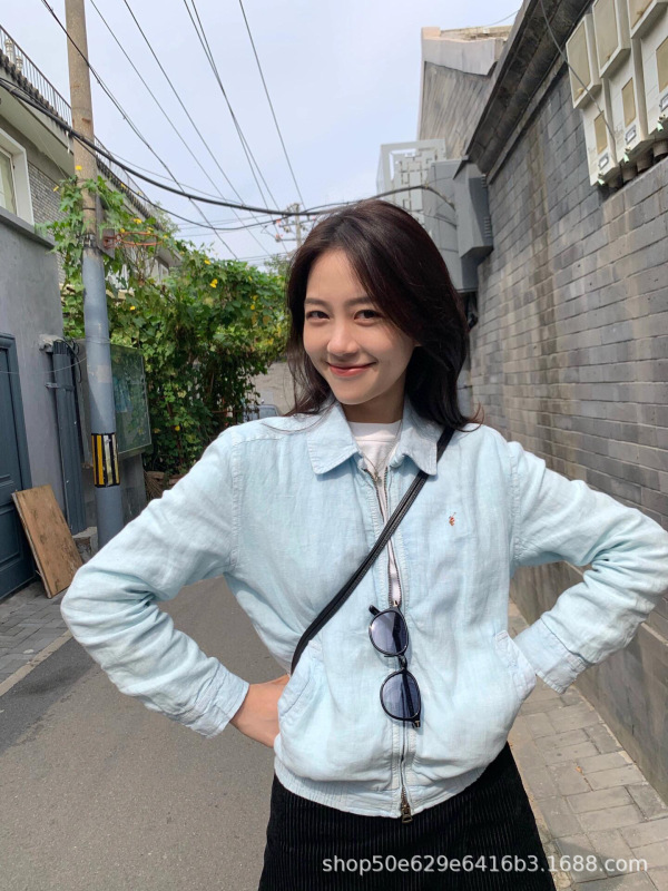 美式复古拉夫小马刺绣亚麻短外套女薄款翻领RL同款老干部夹克衫|undefined