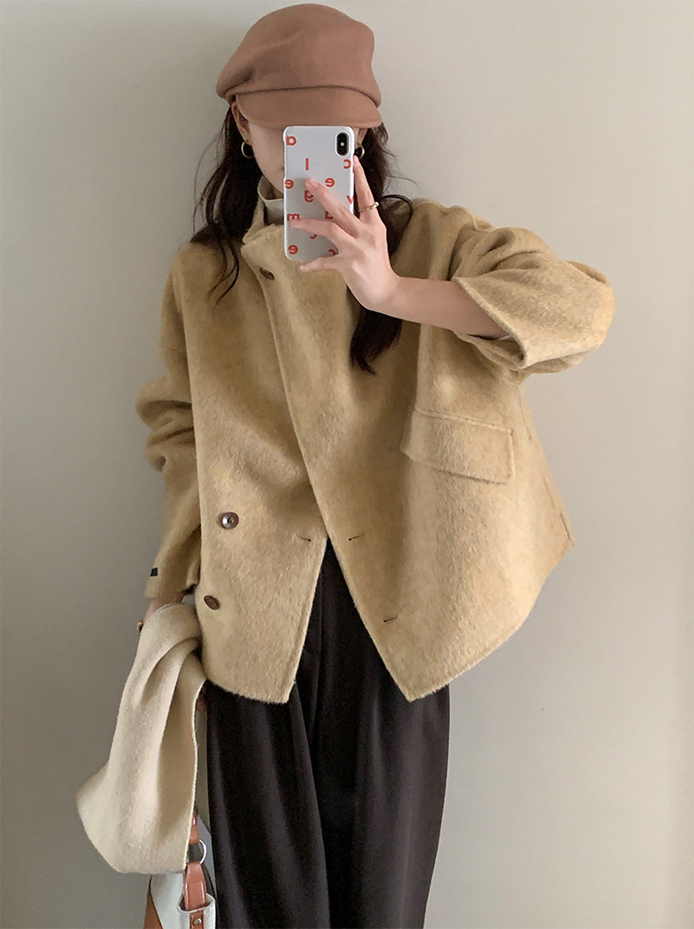 6801 韓国版インスタイルの個性的なデザイン、小柄な女性向けのゆったりとしたスタンドカラーウールコート、25年秋冬新作