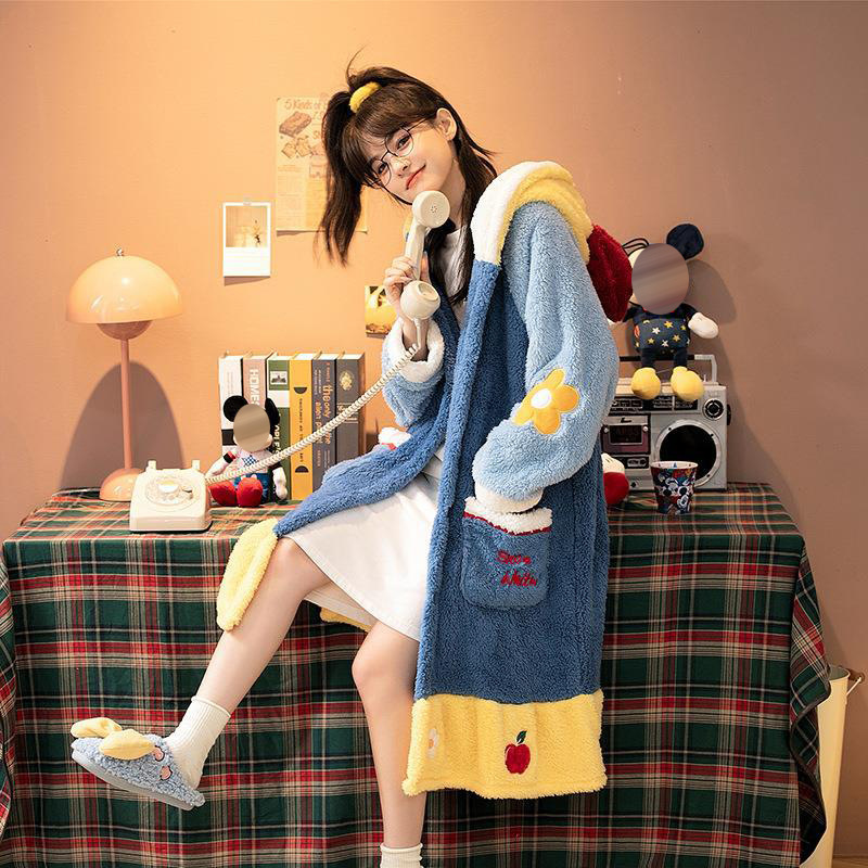 Otoño e Invierno de coral de lana de dibujos animados camisón para las mujeres forrado de lana engrosada homewear camisón franela nieve blanca pijamas traje