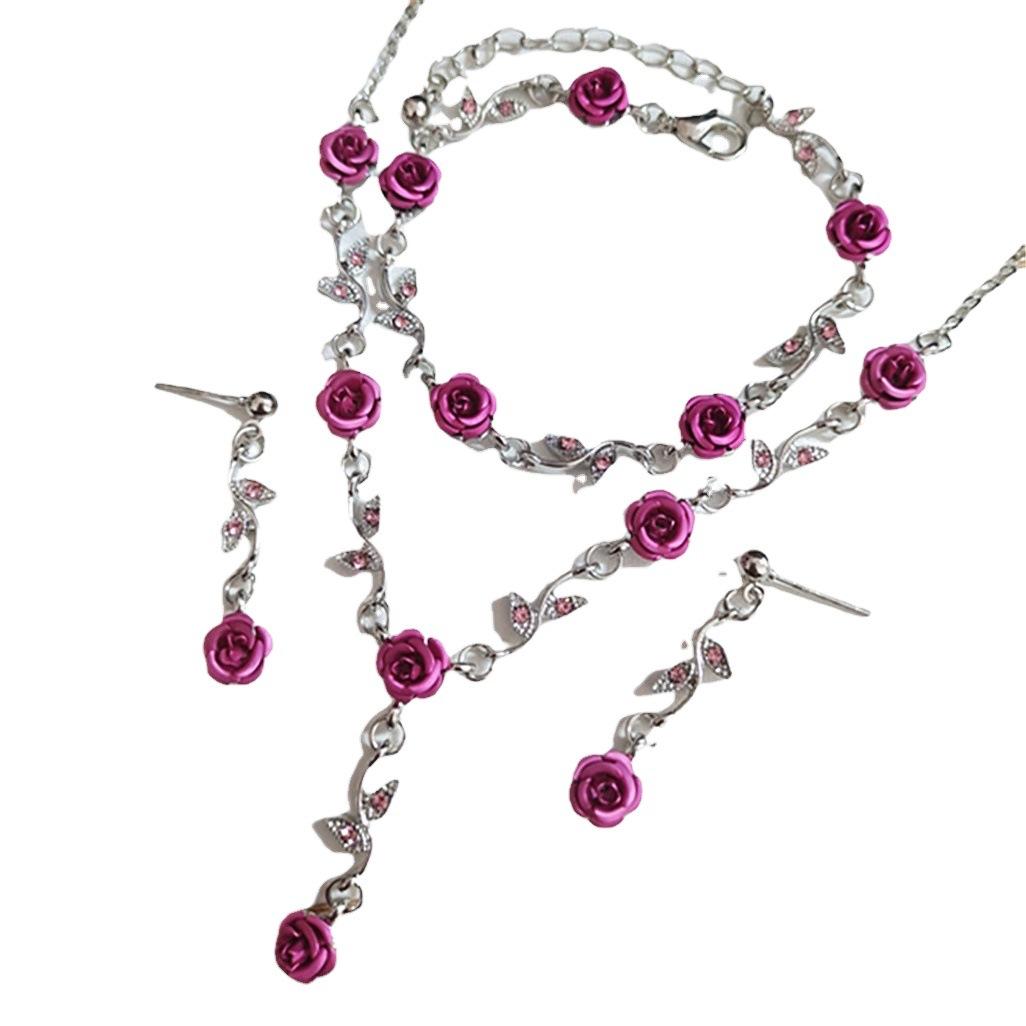 New Girl Mori Super Fairy Rose Flower Bracelet Gentle Girly Elegant All-match Necklace Earrings Set