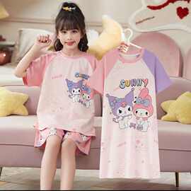 新款女孩短袖套装女童睡衣三件套裙卡通夏季儿童薄款家居服中大童