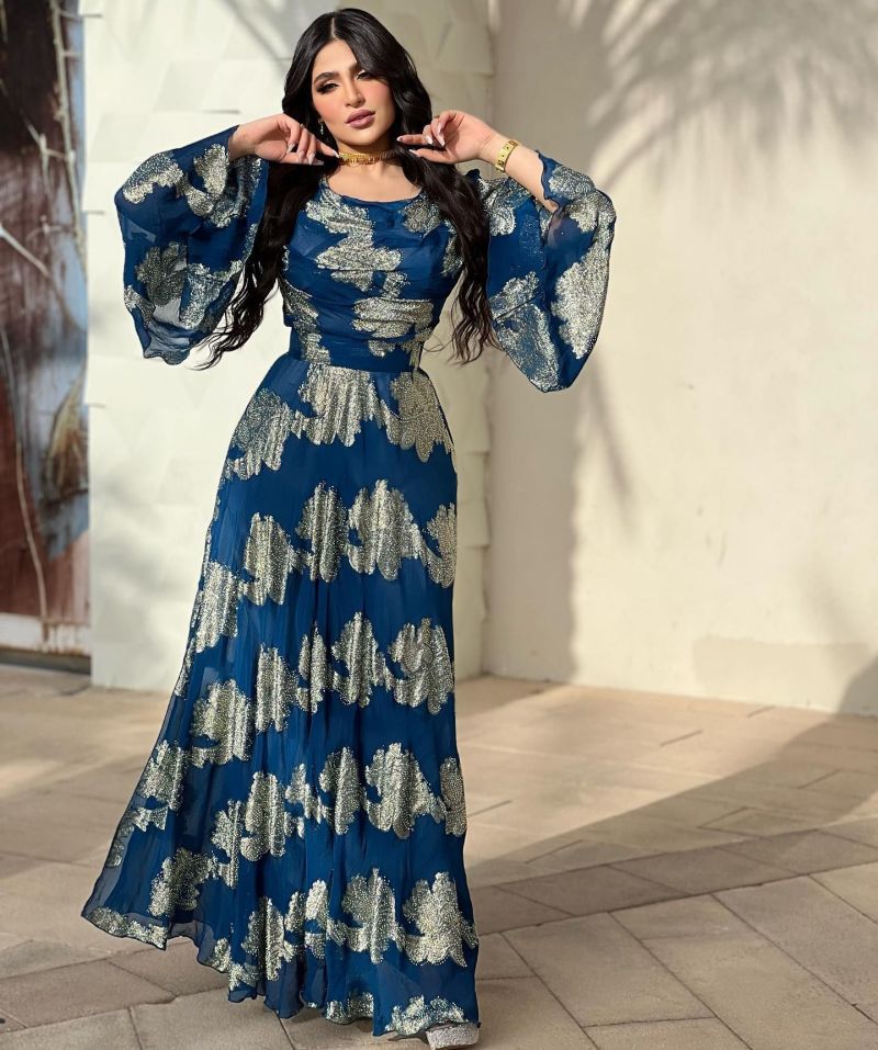 2022 Spring and Summer Cross-border Foreign Trade Women's Independent Station ebay Sexy Printed Gold Chiffon Ball Dress Dress New