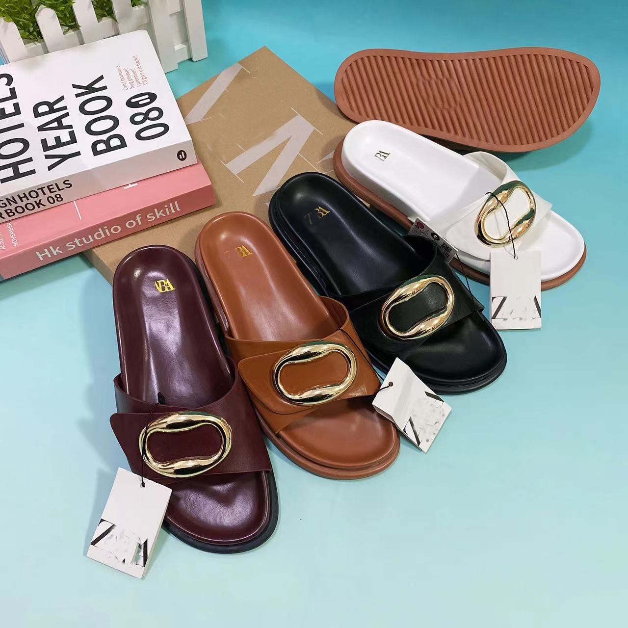 Shoes Women's Round Toe Thick Sole Slippers Simple Versatile Solid Color Metal Hardware Round Buckle Comfortable Footwear_voghion.com