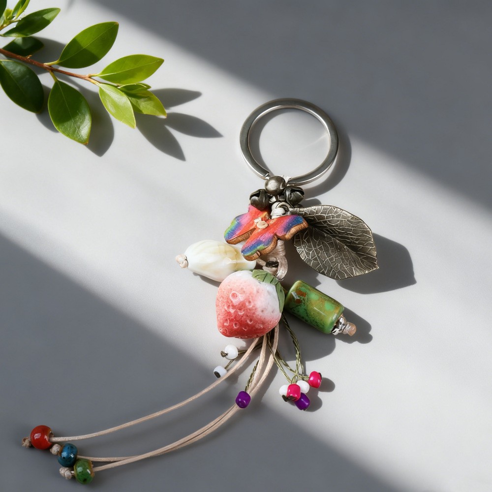 Jingdezhen cerámica hecha a mano colgante de cadena de teléfono móvil pareja llavero de dibujos animados frutas hojas de fresa colgar joyas