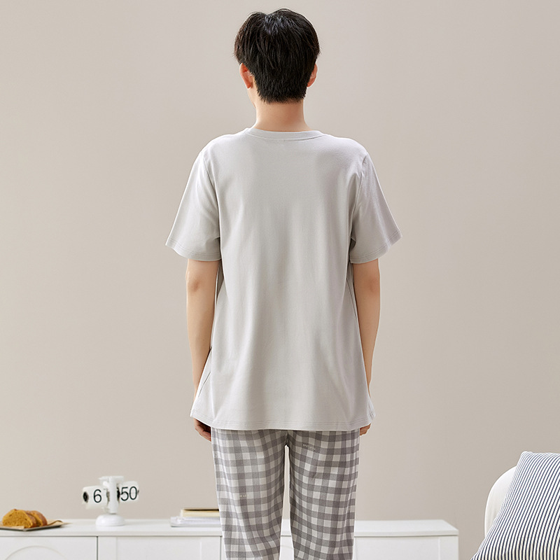 2024 봄과 여름 새로운 잠옷 남자의 순면 홈 옷 짧은 소매 바지 여름 둥근 목 캐주얼 청소년 남성 세트