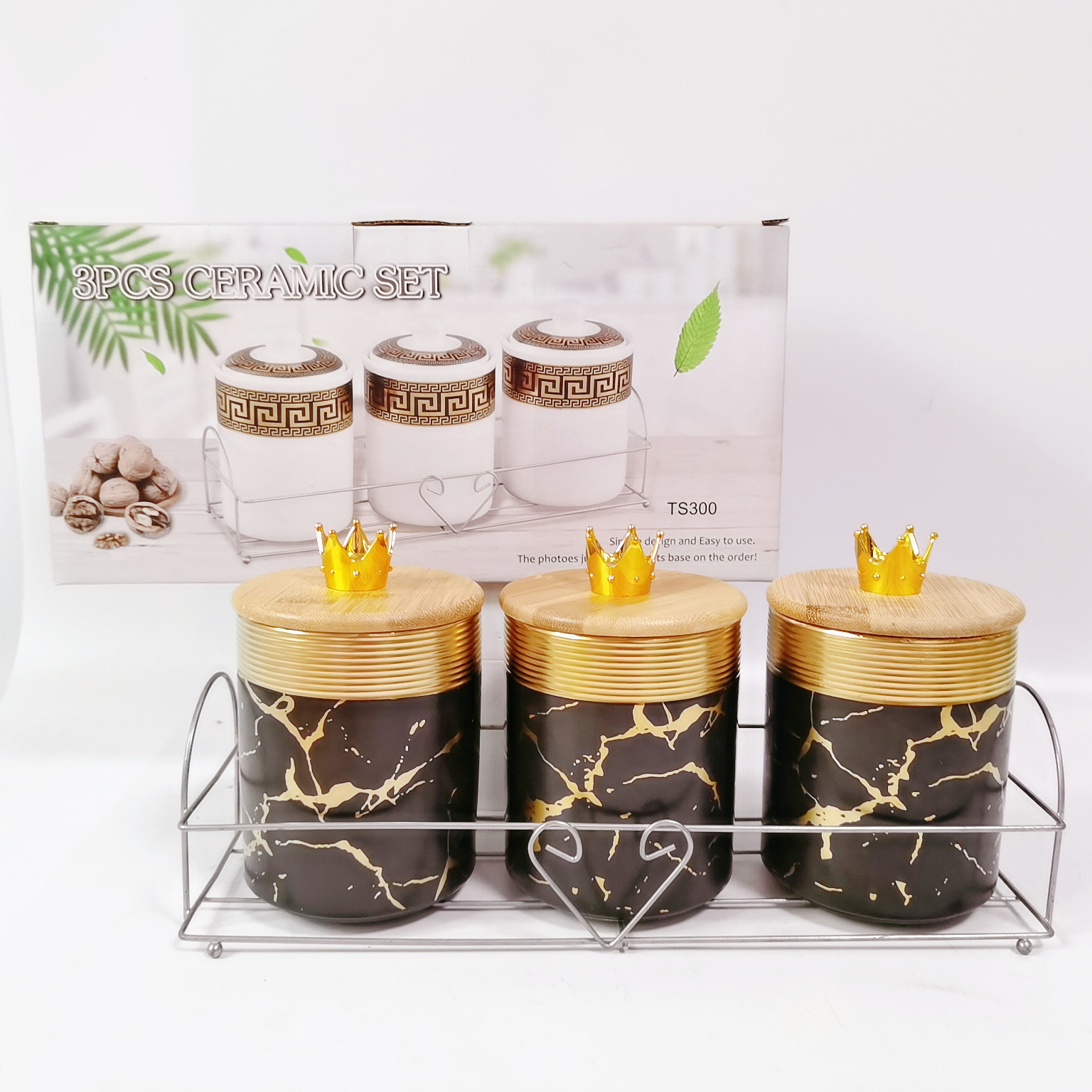 Exportación transfronteriza de almacenamiento de cerámica tarro galvanoplastia sellado tarro cocina condimento tarro con marco de hierro caramelo de almacenamiento tarro traje