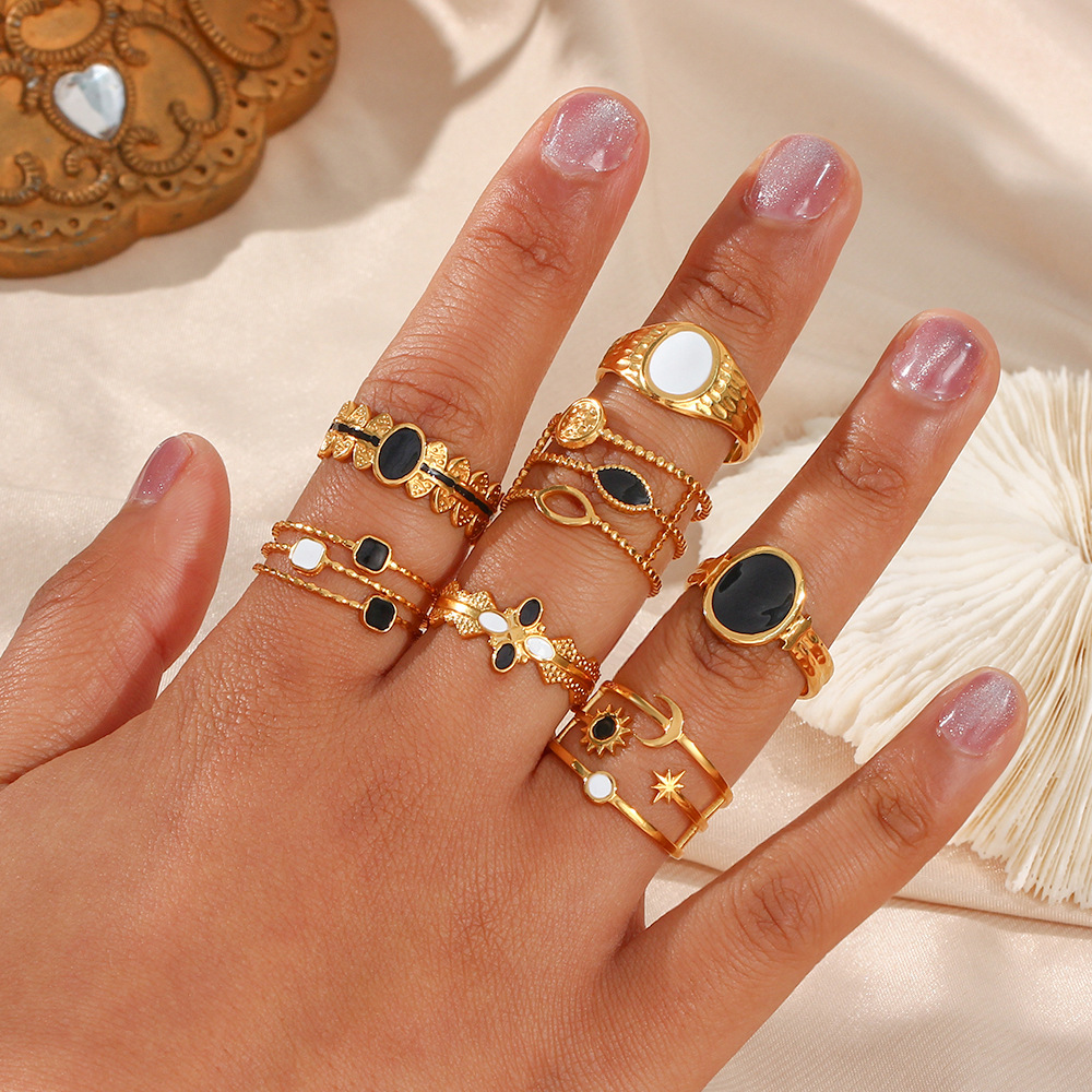 Zircon Inlay Material Wholesale Jewelry Retro Geometric Sun Star 304 Stainless Steel Zircon 18K Gold Plated Open Ring