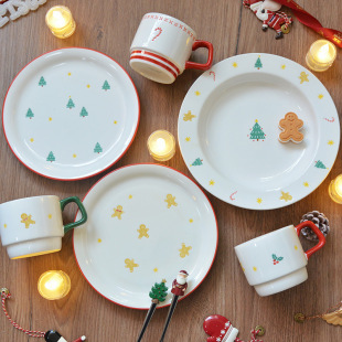 Exported to South Korea Christmas Tableware Pine Tree Gingerbread Man Dinner Plate Christmas Decoration Gift Deep Plate Water Cup Coffee Cup
