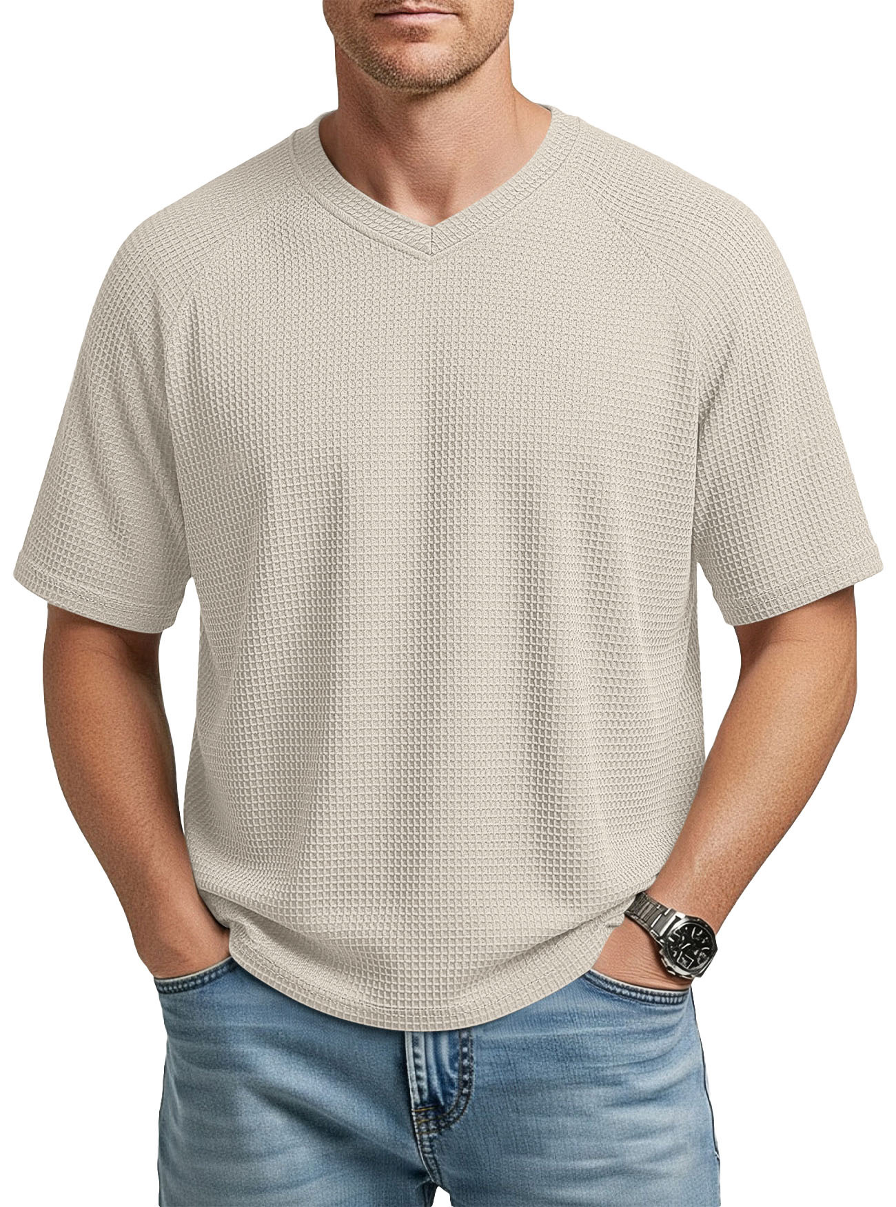 Europa y los Estados Unidos primavera y verano estación independiente transfronteriza hombre moda waffle tejido multifuncional manga de hombro cuello V camiseta de hombre de manga corta