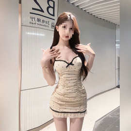 蝴蝶结辣妹蕾丝设计吊带连衣裙夏季甜美波点纯欲紧身修身腰包短裙