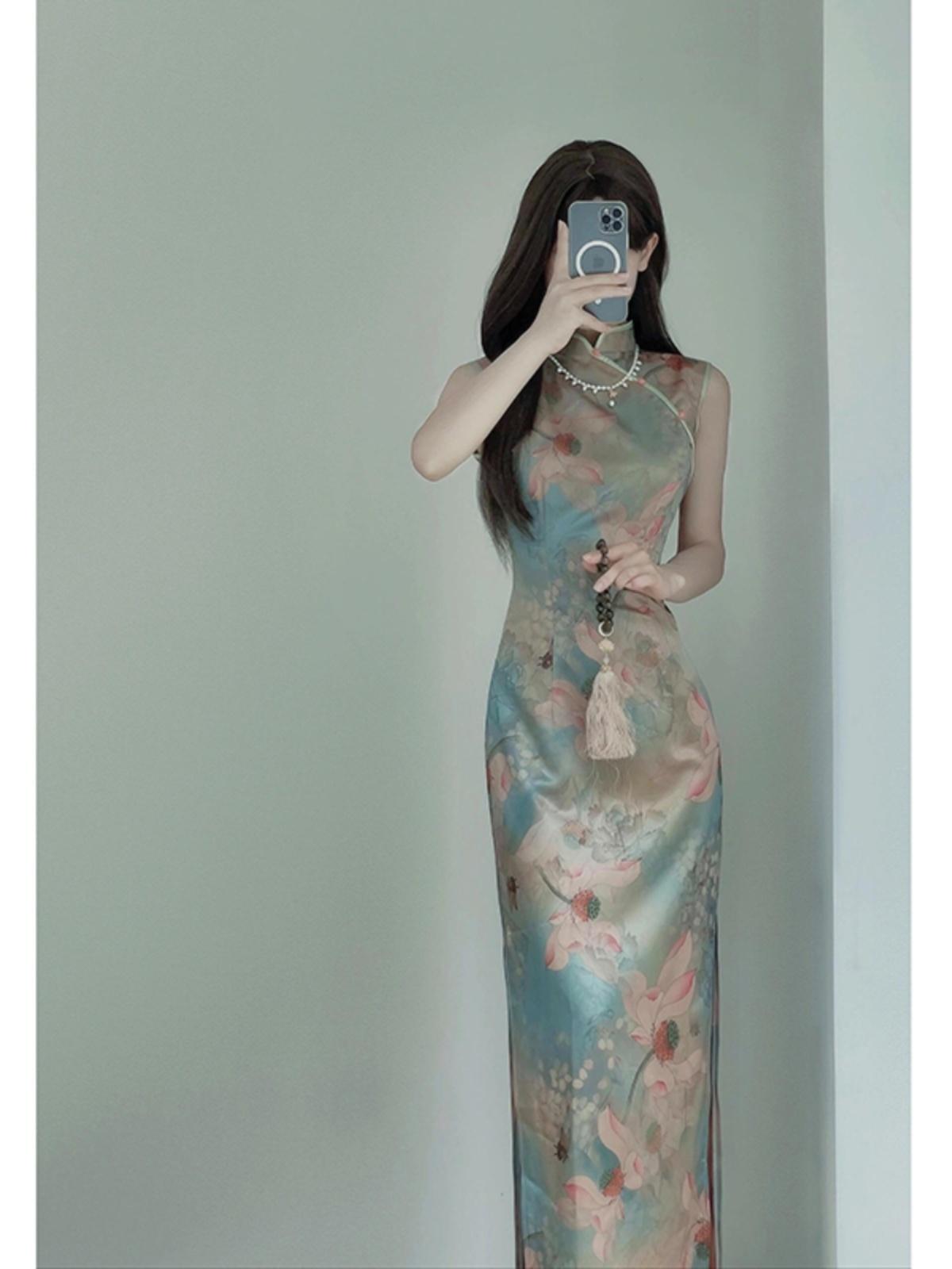 Đầm maxi nữ thắt eo kiểu Pháp thanh lịch, sườn xám mới mùa hè — Màu hoa