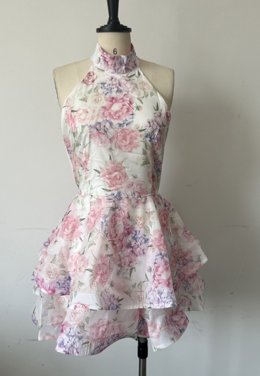 홀터넥 백리스 케이크 스커트-핑크