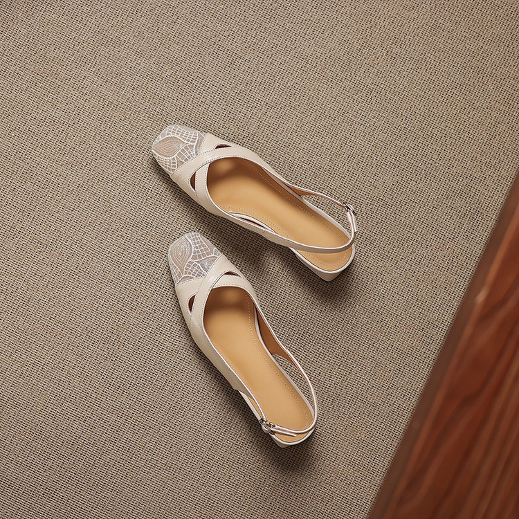 Sandal cao gót nữ hở mũi da cừu lưới phối màu quai ngang khóa — màu đen, màu trắng ngà chi tiết 61