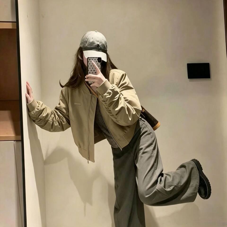 Áo khoác jacket nữ dáng ngắn form rộng vai đứng kiểu bóng chày, dài tay, khóa kéo — Màu kaki, hai lớp, có lót vải, Đen hai lớp có lót chi tiết 3