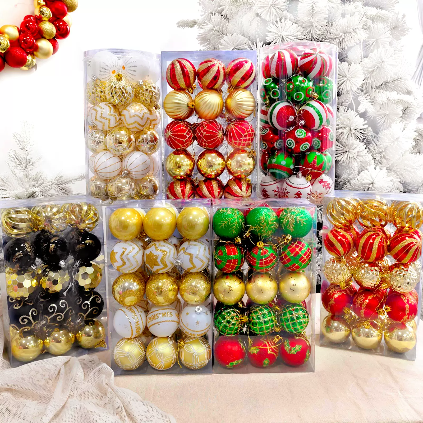 亚马逊 6cm30个圣诞节装饰用品电镀塑料彩绘球圣诞球套装圆球挂件