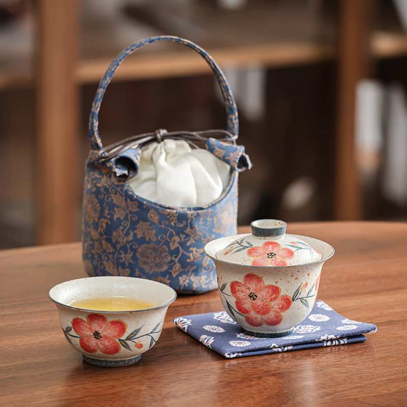 Caramel Hand-Painted Peach Blossom Lidded Bowl Travel Set, Overglaze Color Bowl and Cup Storage Bag, Portable Stoneware Set
