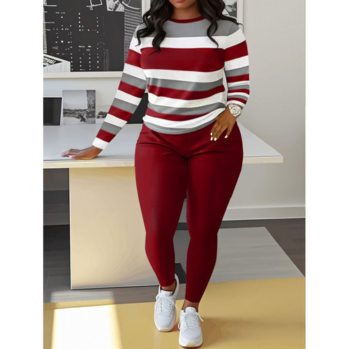2025 Spring/Summer European and American Cross-Border Women's Color-Block Striped Crewneck Long Pants with Long Sleeves, Casual Two-Piece Set with Digital Printing
