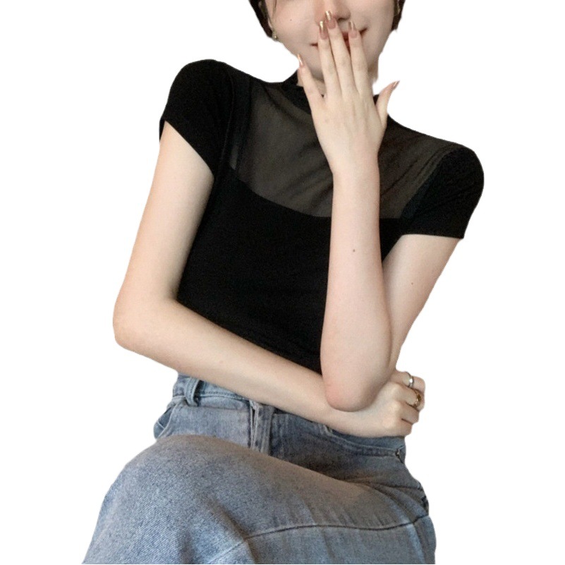 Malla negra micro encaje transparente costura camiseta diseño verano nueva chica caliente slim fit moda manga corta Top para mujeres