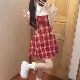 假两件格子连衣裙子女夏季2025时尚新款小个子学院风收腰百搭短裙