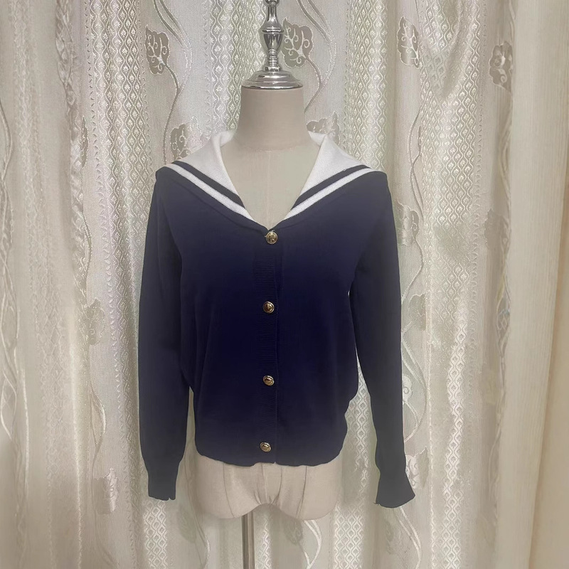 Celebrity-Inspired College-Style Navy Collar Knit Cardigan for Women, Youthful and Stylish Design, Trendy Niche Cardigan Top